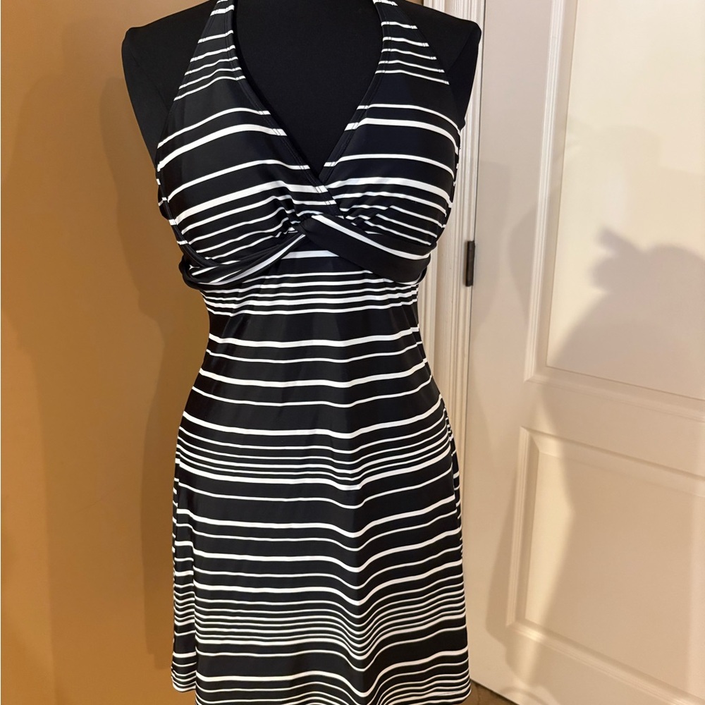 Athleta Black and White Striped Backless Dress